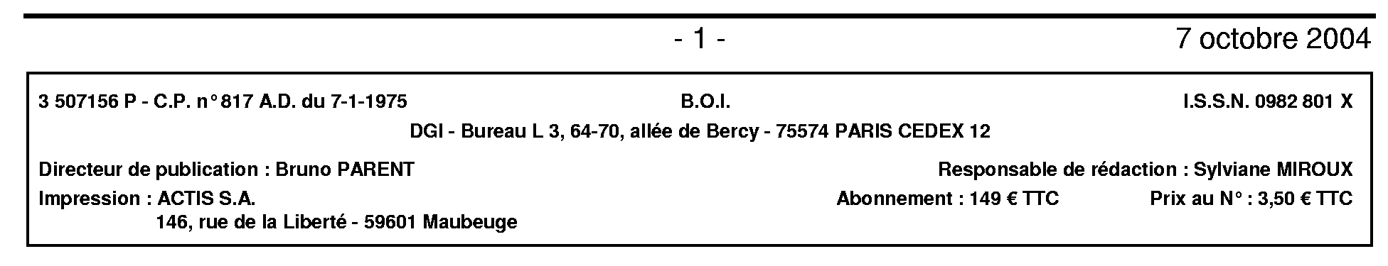 B.O.I. N° 156 Du 7 OCTOBRE 2004 | Bofip-archives.impots.gouv.fr