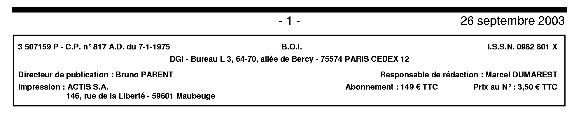 B.O.I. N° 159 Du 26 SEPTEMBRE 2003 | Bofip-archives.impots.gouv.fr